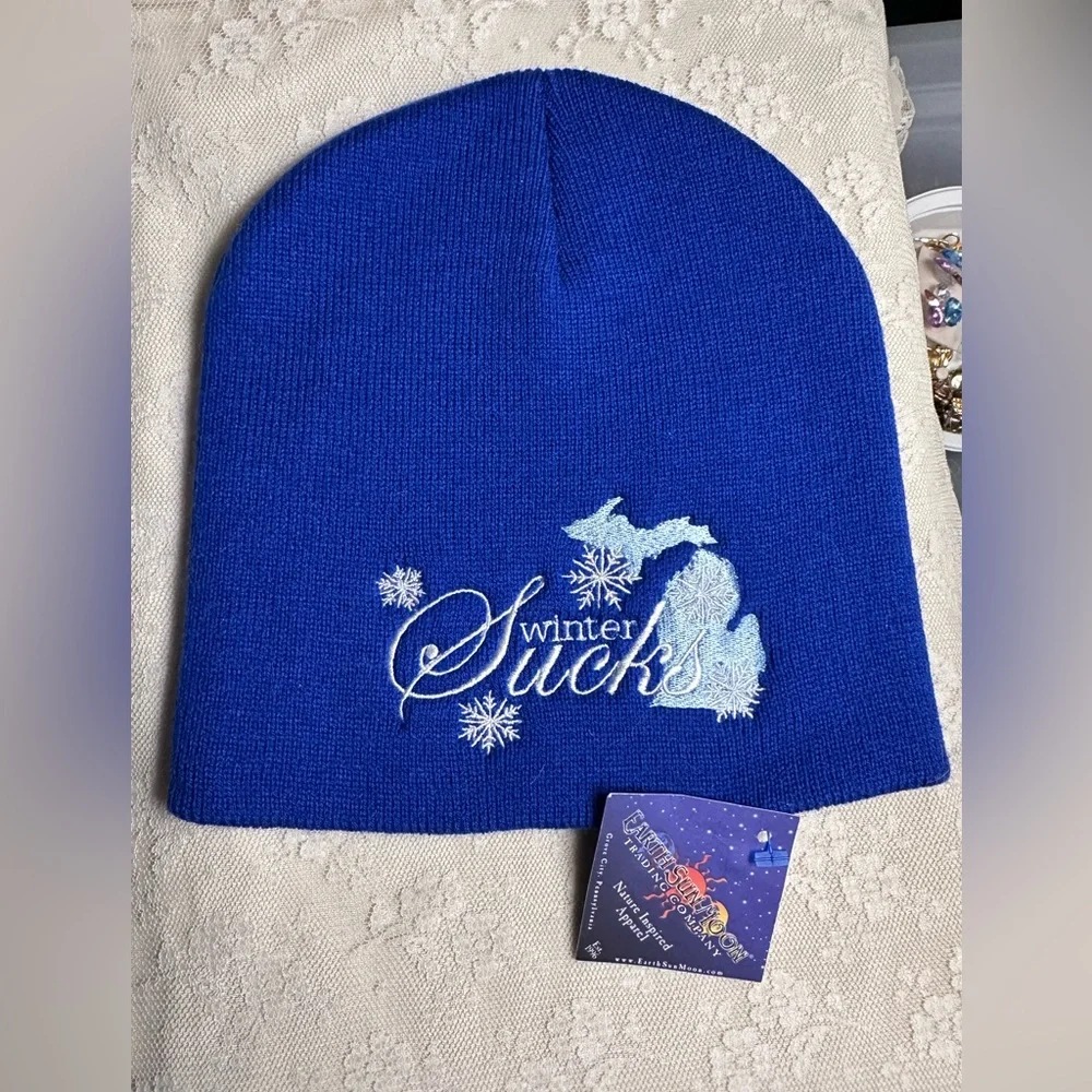 Winter Sucks Blue Winter Cap - 100% Acrylic - Unused Embroidered Beanie w/ Tags